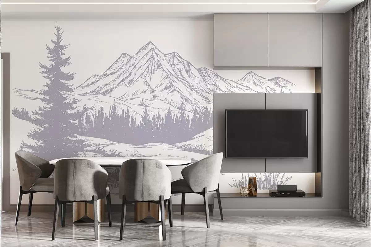 murales de pared Paisaje de montañas con pinos, bosque, naturaleza, suave color púrpura w03344v2