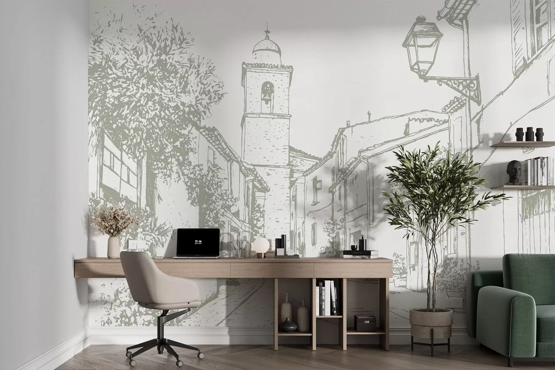 murales de pared Calle de la ciudad, hermosa arquitectura, edificios, Mediterráneo, dibujo lineal, color oliva w03345