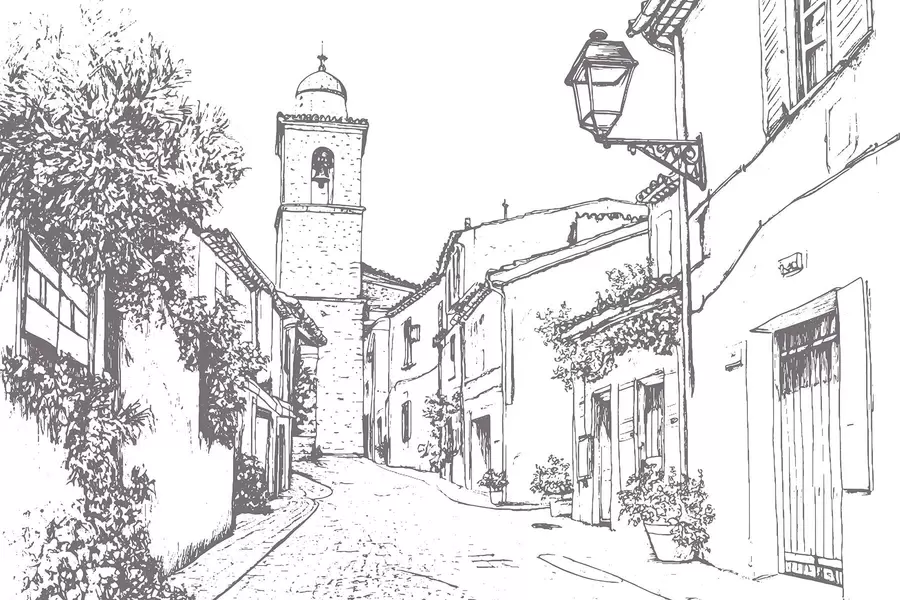 murales de pared Calle de la ciudad, hermosa arquitectura, edificios, Mediterráneo, dibujo lineal, color beige w03345v1