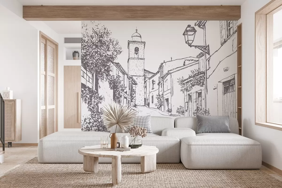 murales de pared Calle de la ciudad, hermosa arquitectura, edificios, Mediterráneo, dibujo lineal, color beige w03345v1