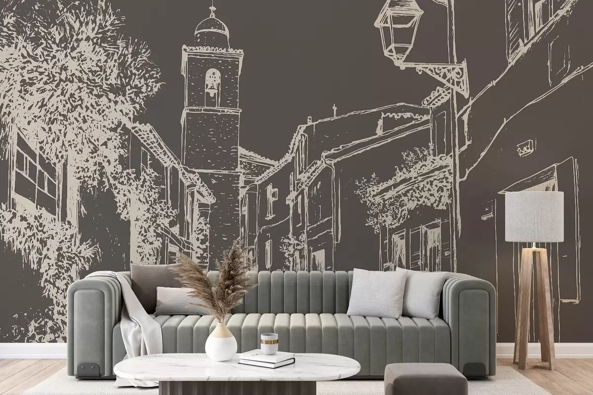 murales de pared Calle de la ciudad, hermosa arquitectura, edificios, Mediterráneo, dibujo lineal, color oscuro w03345v2