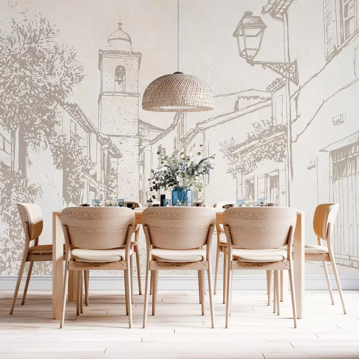 murales de pared Calle de la ciudad, hermosa arquitectura, edificios, Mediterráneo, colores beige w03346