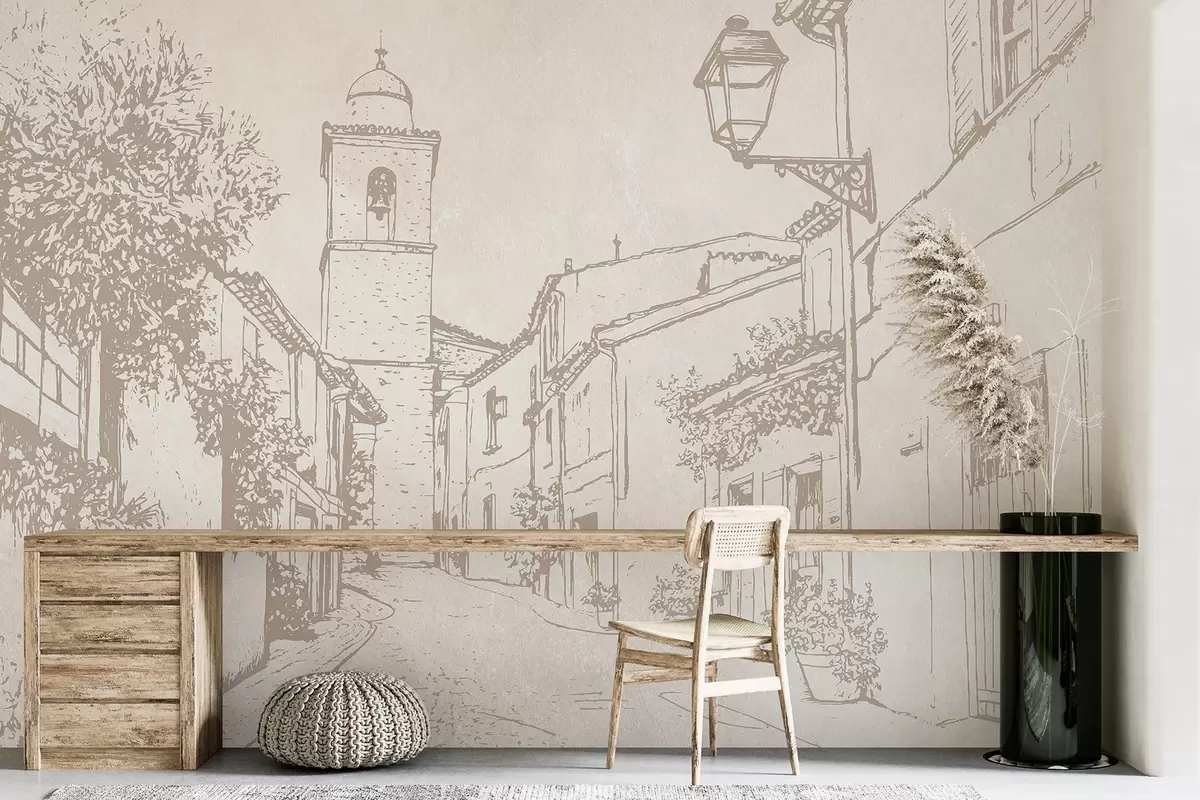 murales de pared Calle de la ciudad, hermosa arquitectura, edificios, Mediterráneo, colores beige w03346