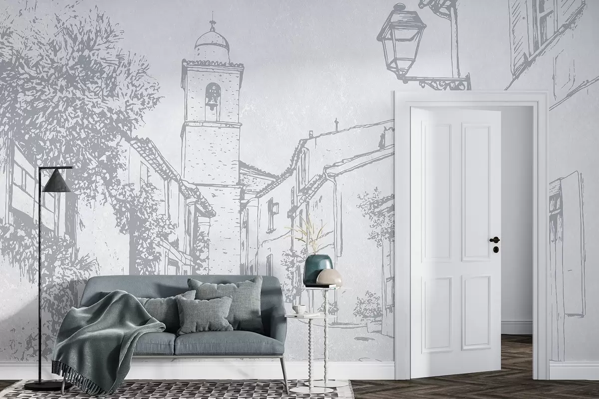 murales de pared Calle de la ciudad, hermosa arquitectura, edificios, Mediterráneo, colores azules w03346v1