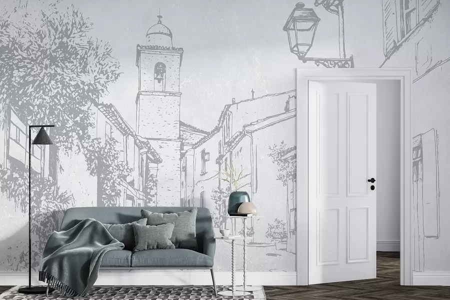 murales de pared Calle de la ciudad, hermosa arquitectura, edificios, Mediterráneo, colores azules w03346v1