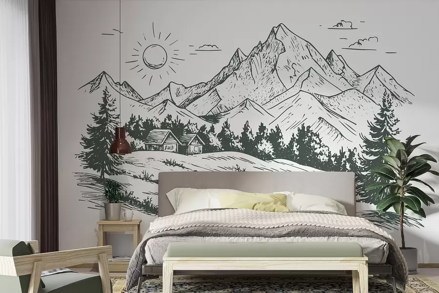 murales de pared Dibujo de montañas, paisajes de naturaleza, bosque, casas de madera, color verde w03347