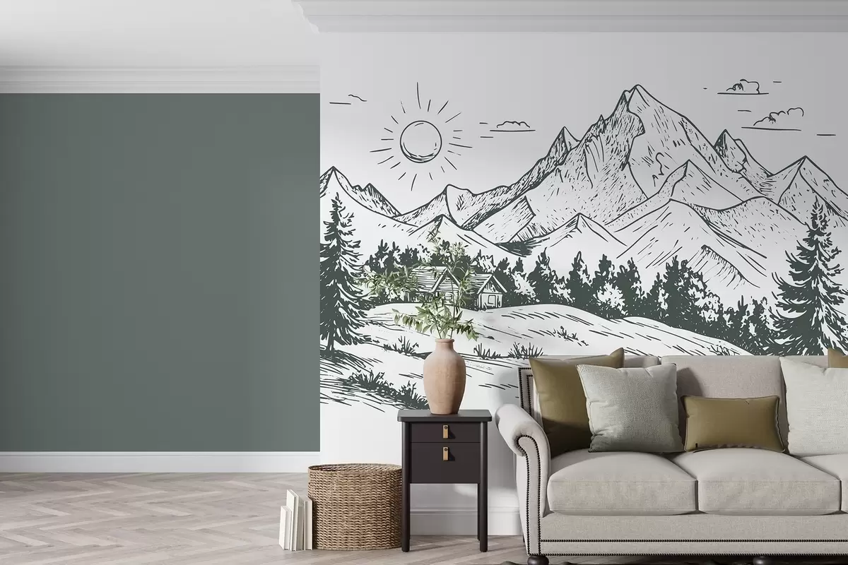 murales de pared Dibujo de montañas, paisajes de naturaleza, bosque, casas de madera, color verde w03347