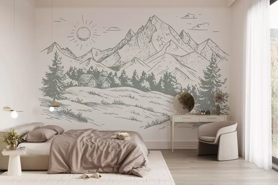 murales de pared Dibujo de montañas, paisajes naturales, bosque, casas de madera, color menta w03347v1