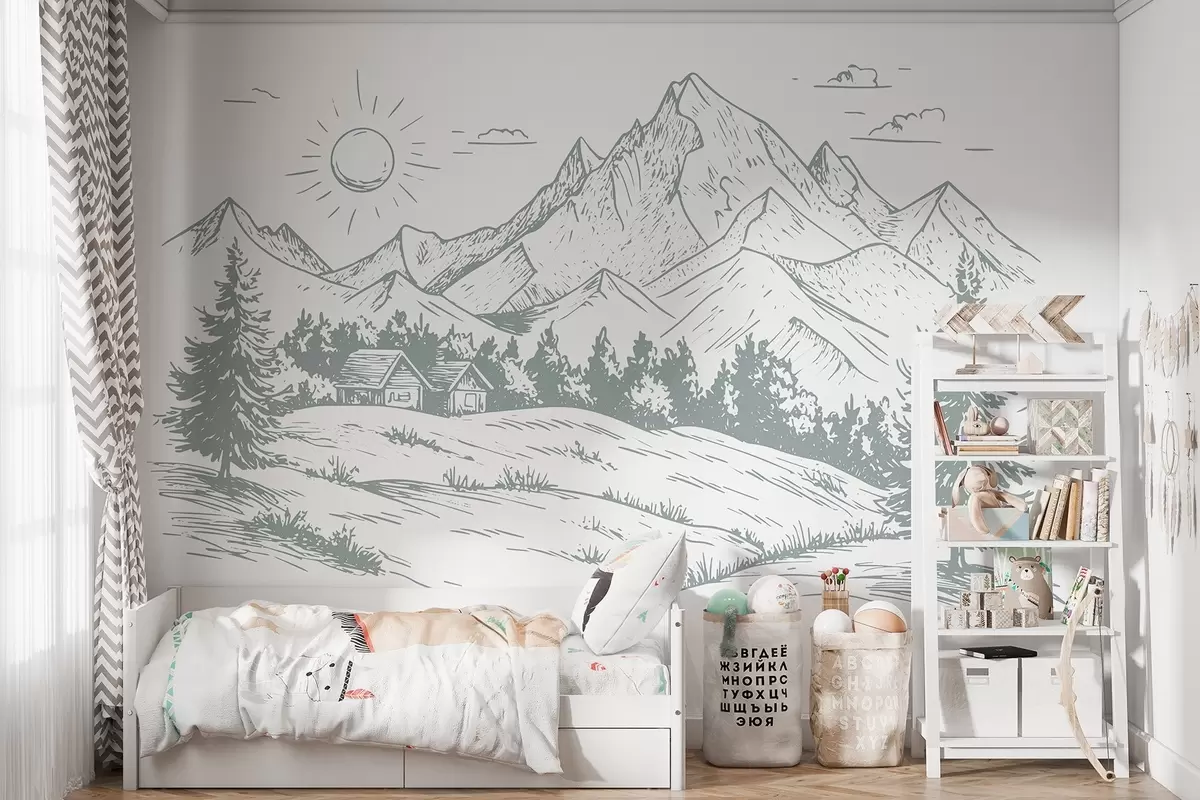murales de pared Dibujo de montañas, paisajes naturales, bosque, casas de madera, color menta w03347v1