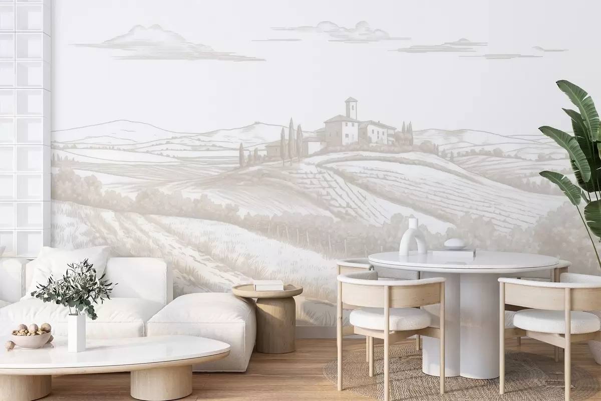 murales de pared Paisajes de la Toscana, Italia, viñedos, naturaleza, castillo antiguo, colores beige w03349