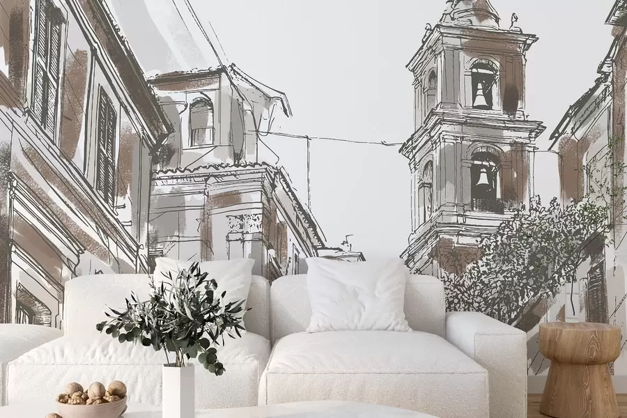 murales de pared Calle de ciudad mediterránea, capilla, arquitectura, colores beige y marrón w03350v1