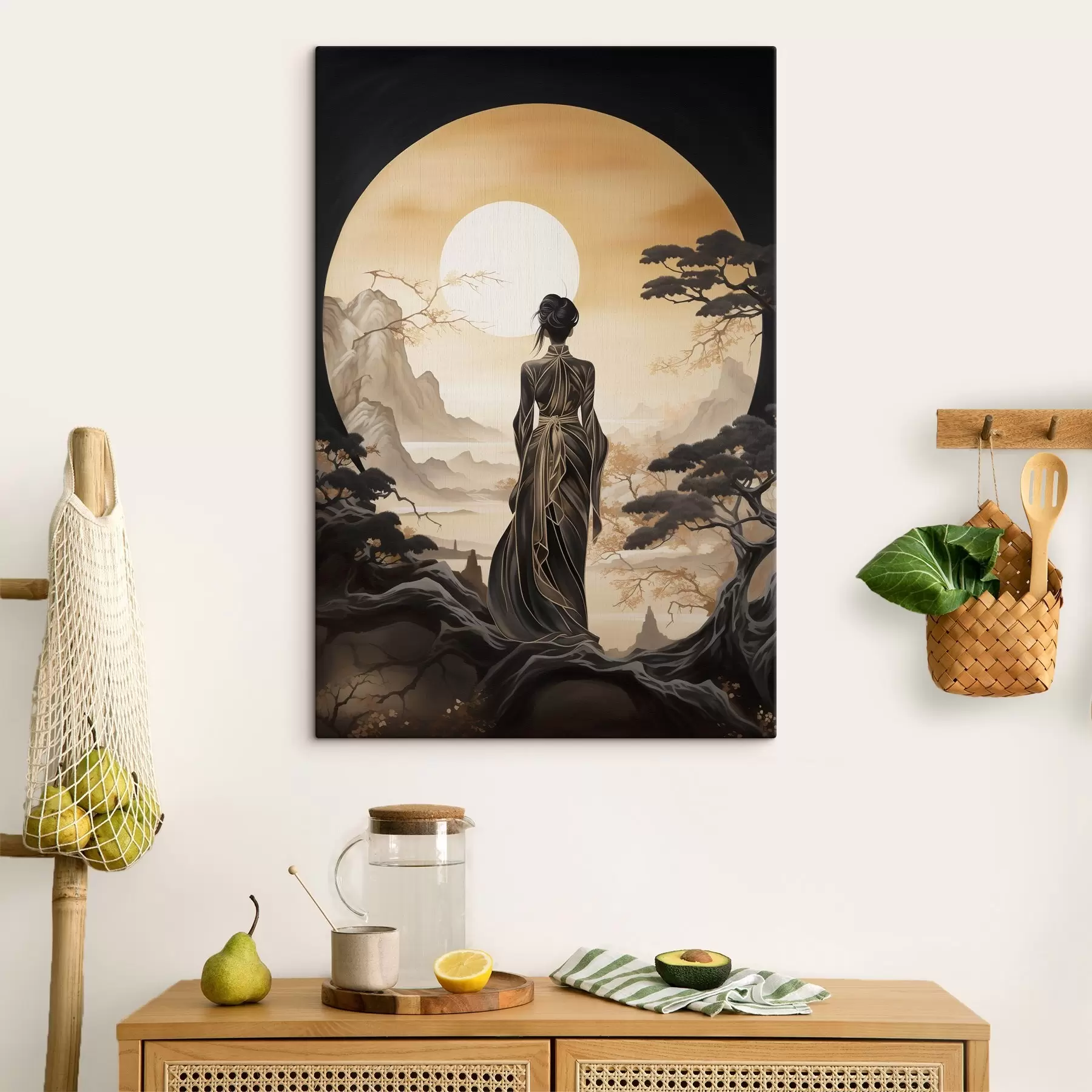 murales de pared Gente, Japón, chica al atardecer sobre el fondo de sakura y montañas s43256