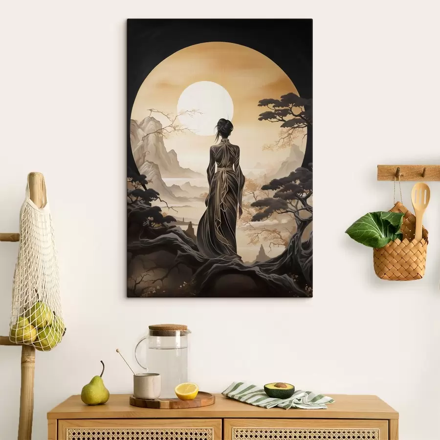 murales de pared Gente, Japón, chica al atardecer sobre el fondo de sakura y montañas s43256