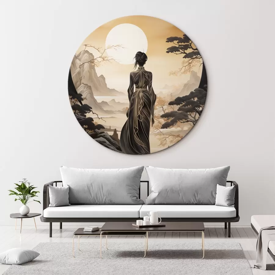 murales de pared Gente, Japón, chica al atardecer sobre el fondo de sakura y montañas r43256