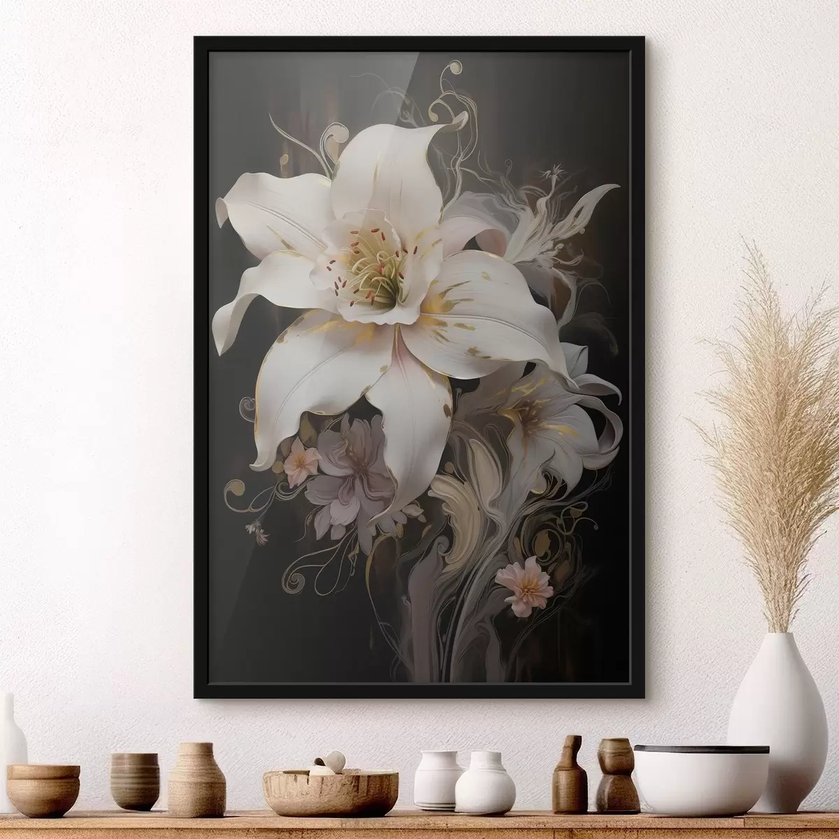 Poster Primer plano abstracto de flor de lis sobre fondo oscuro f43254