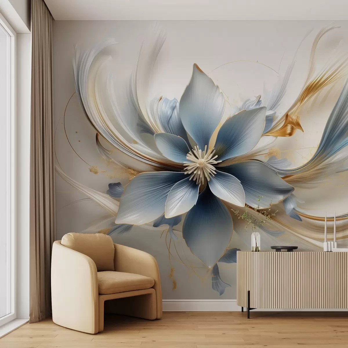 murales de pared Gran flor azul con líneas abstractas w08903