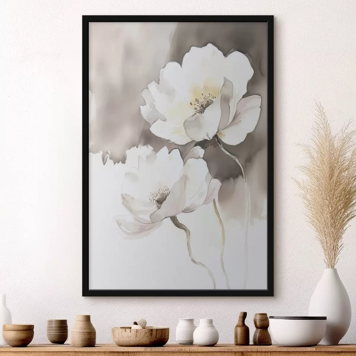 Poster Flores blancas sobre fondo marrón al estilo de la acuarela f43297