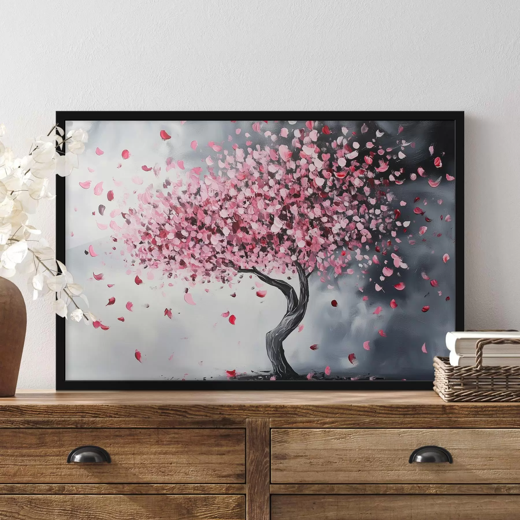 murales de pared Árbol en flor rosa sobre fondo gris f43299