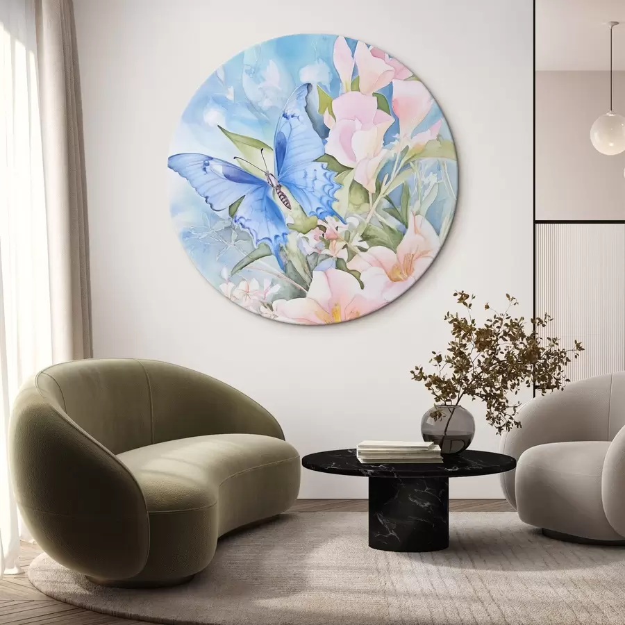 murales de pared Mariposa azul y flores rosas r43296