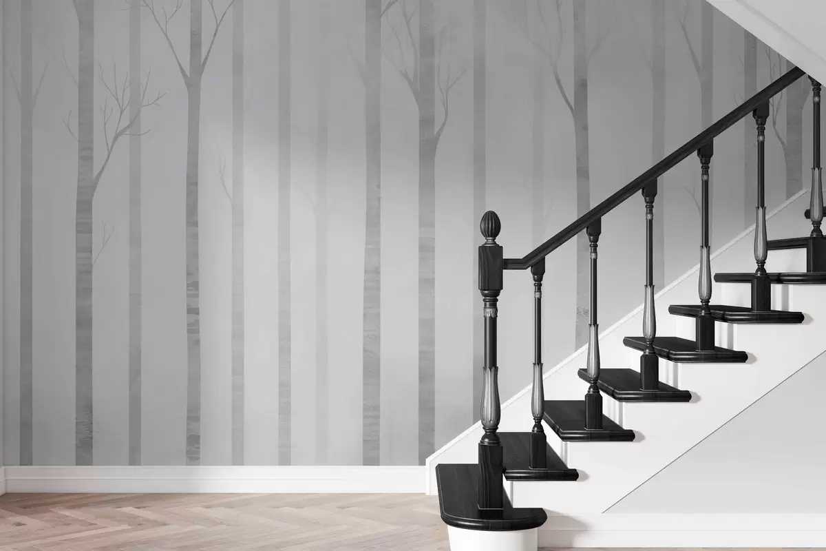 murales de pared Troncos de árbol en la niebla en escala de grises w03386