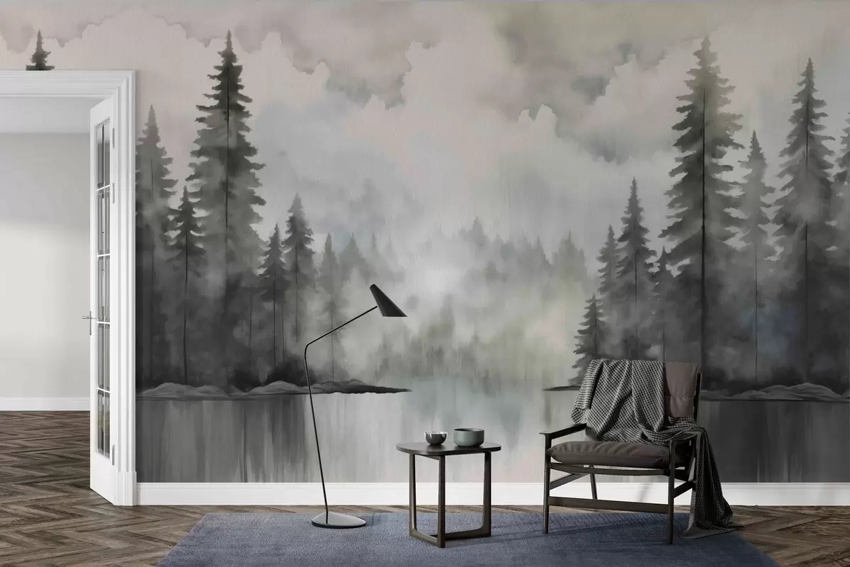 murales de pared Bosque, lago y cielo nublado en estilo acuarela w03387