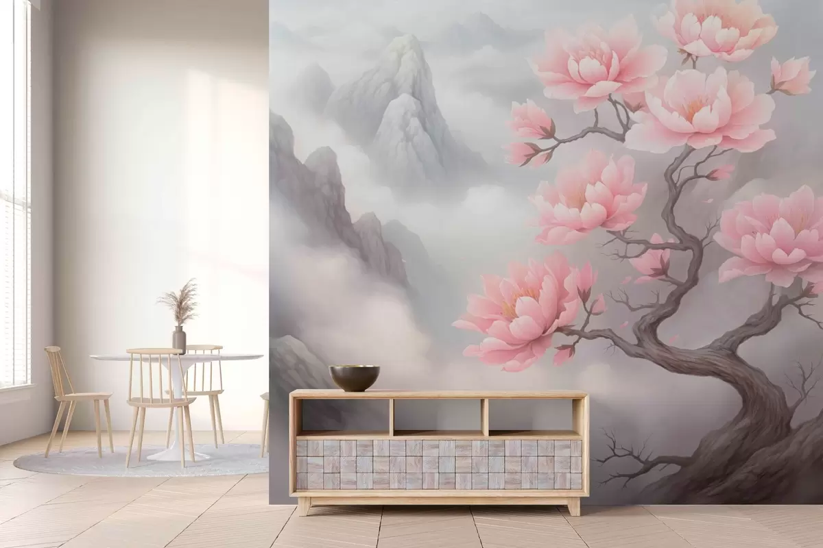 murales de pared Árbol seco con grandes flores en la ladera de la montaña w03388