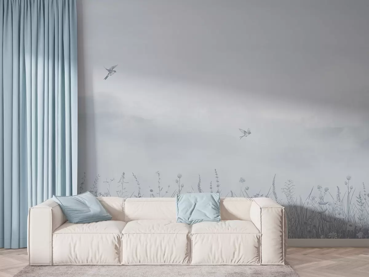 murales de pared Flores silvestres y cielo brumoso en tonos azules w03391v1