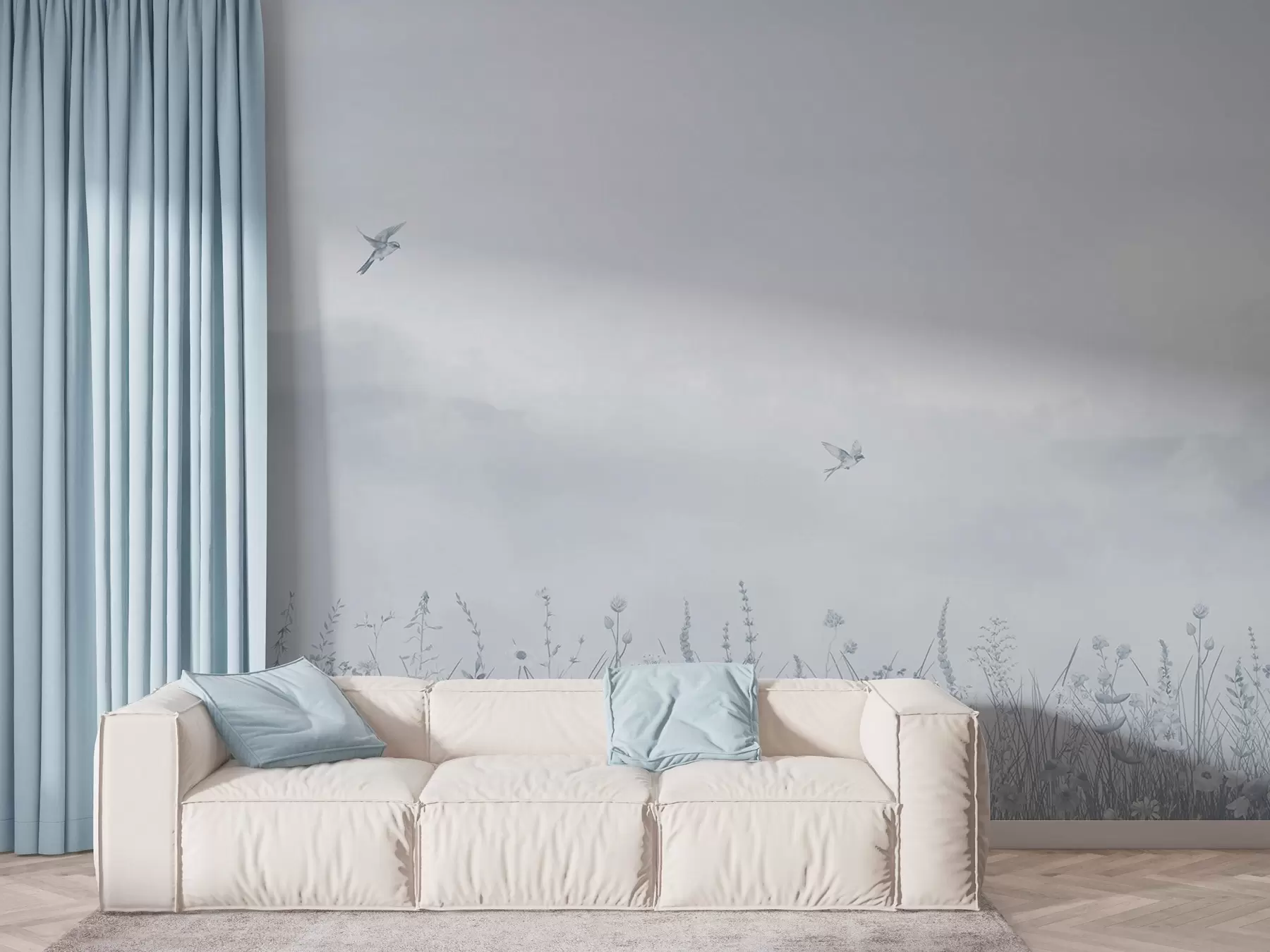 murales de pared Flores silvestres y cielo brumoso en tonos azules w03391v1