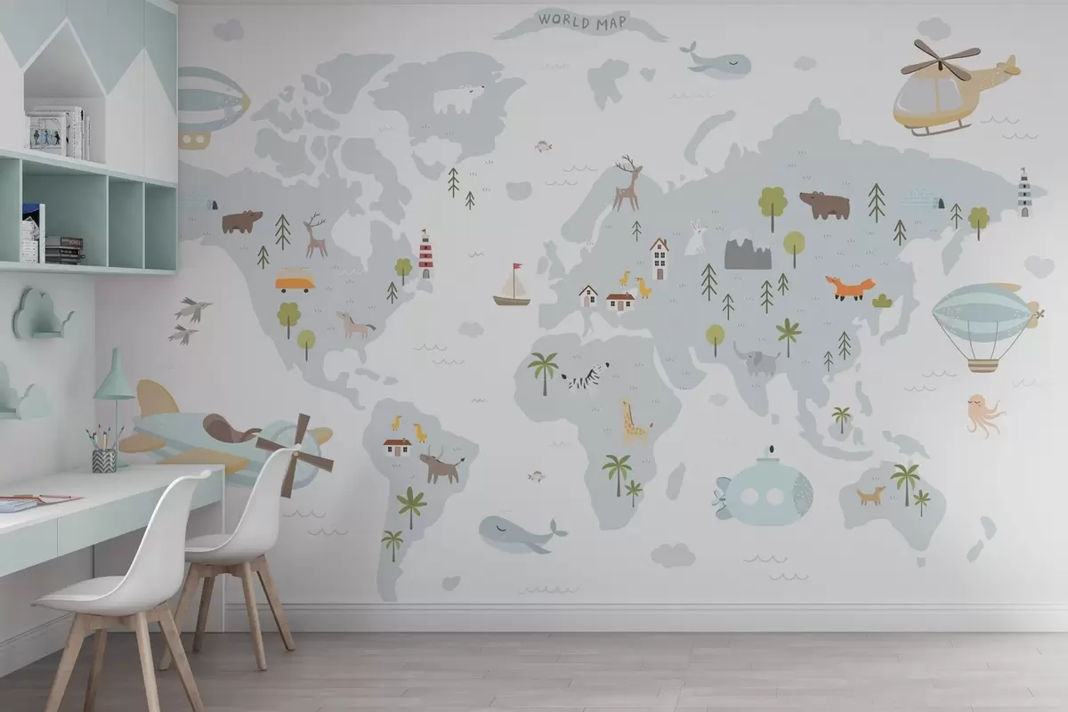 murales de pared Mapamundi infantil con animales y aviones w03392