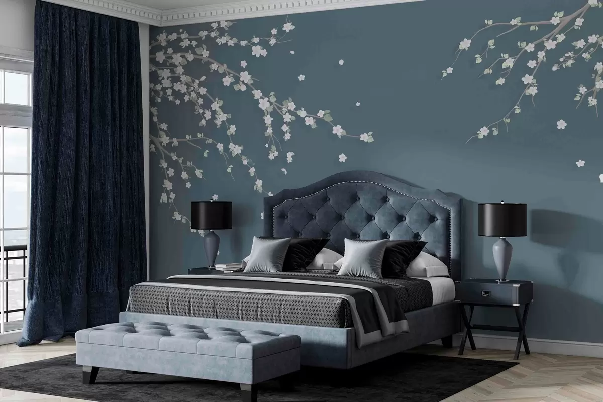 murales de pared Rama floreciente en el fondo de una pared en estilo grunge azul w03393v1