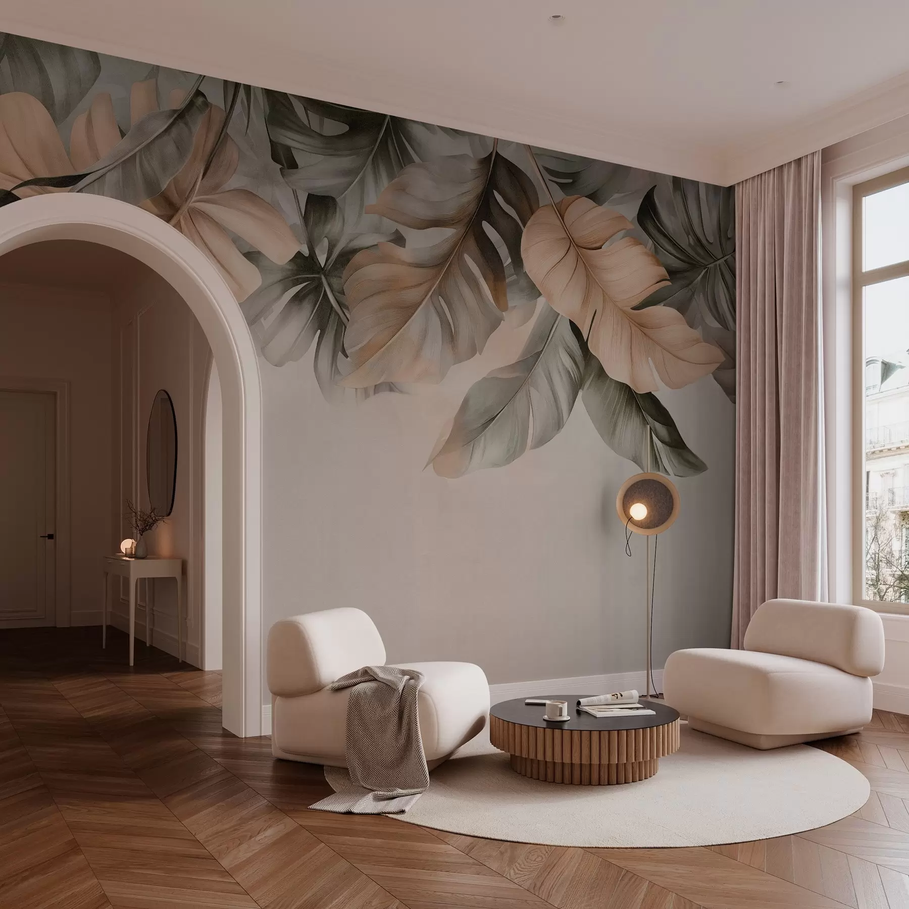 murales de pared Hojas tropicales colgando de la parte superior, sobre un fondo texturizado w03290