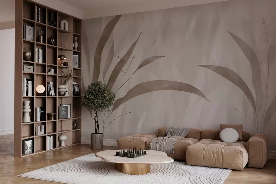 murales de pared Estilo ecológico, plantas sobre un fondo heterogéneo texturizado en tonos beige w03394