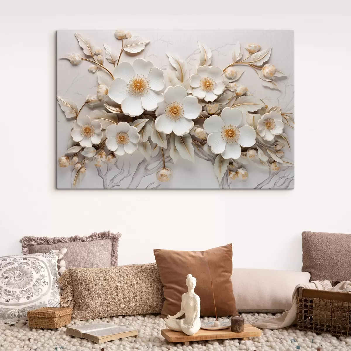 murales de pared 3d flores blancas de estilo clásico con acento amarillo s43313