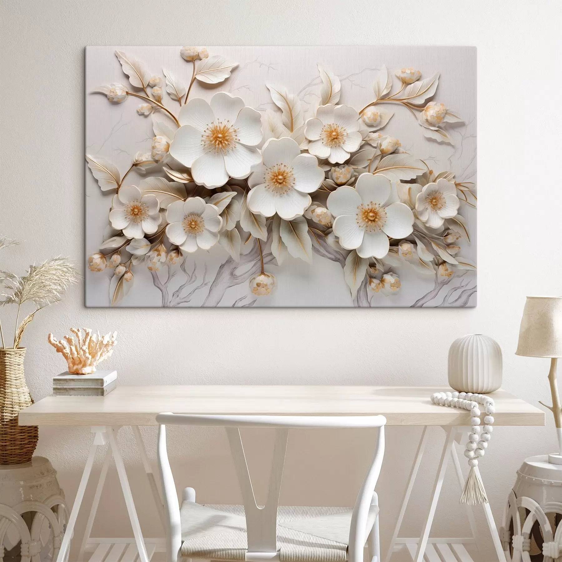 murales de pared 3d flores blancas de estilo clásico con acento amarillo s43313