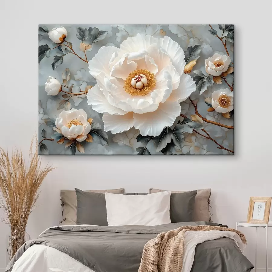 murales de pared Preciosa peonía sobre un fondo de hojas y pequeñas peonías s43315