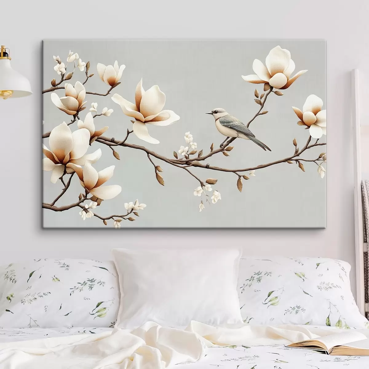 murales de pared Pájaro en una rama con magnolias en suaves colores pastel s43320