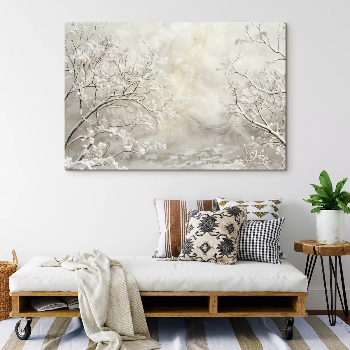 murales de pared Ramas invernales con nieve sobre el fondo de un pueblo invernal s43321