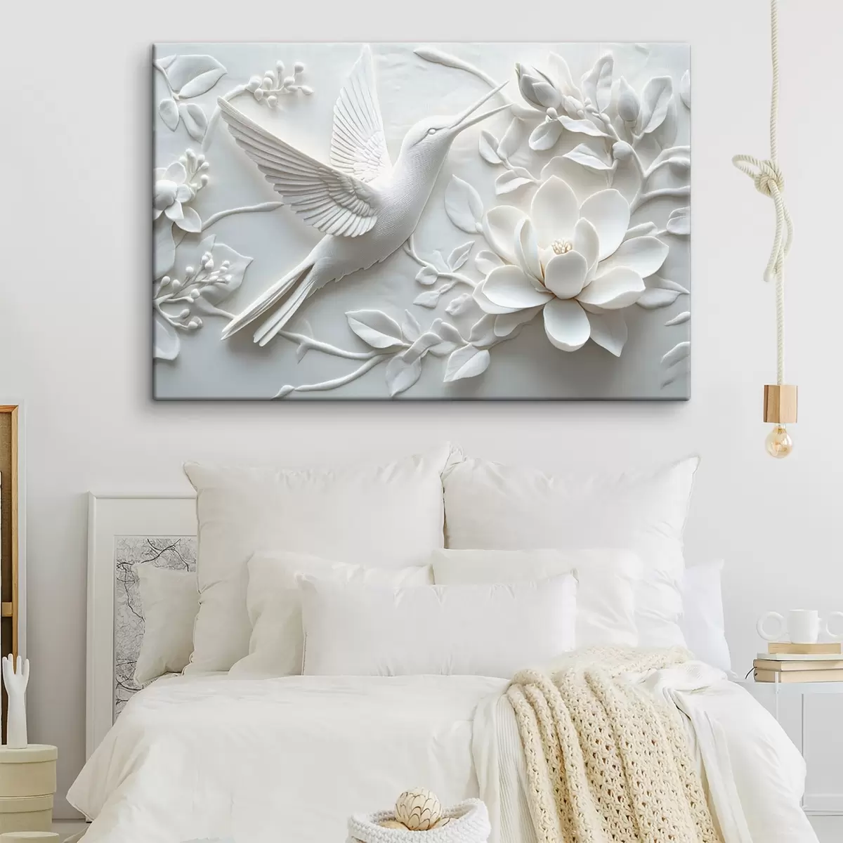 murales de pared Imagen 3d en blanco y negro de un pájaro y las flores que lo rodean s43329