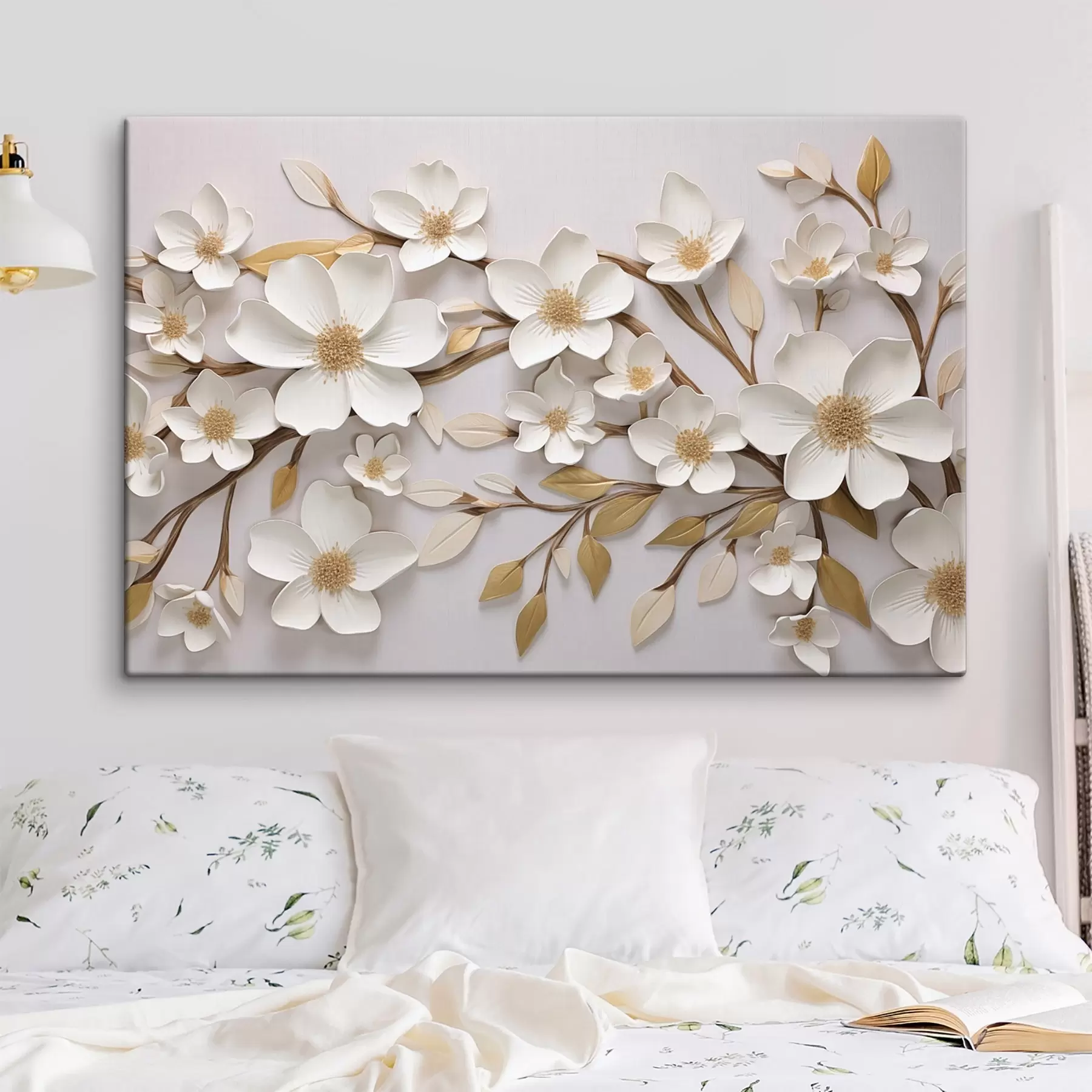 murales de pared Flores blancas al estilo de un fresco en relieve con toques amarillos s43331