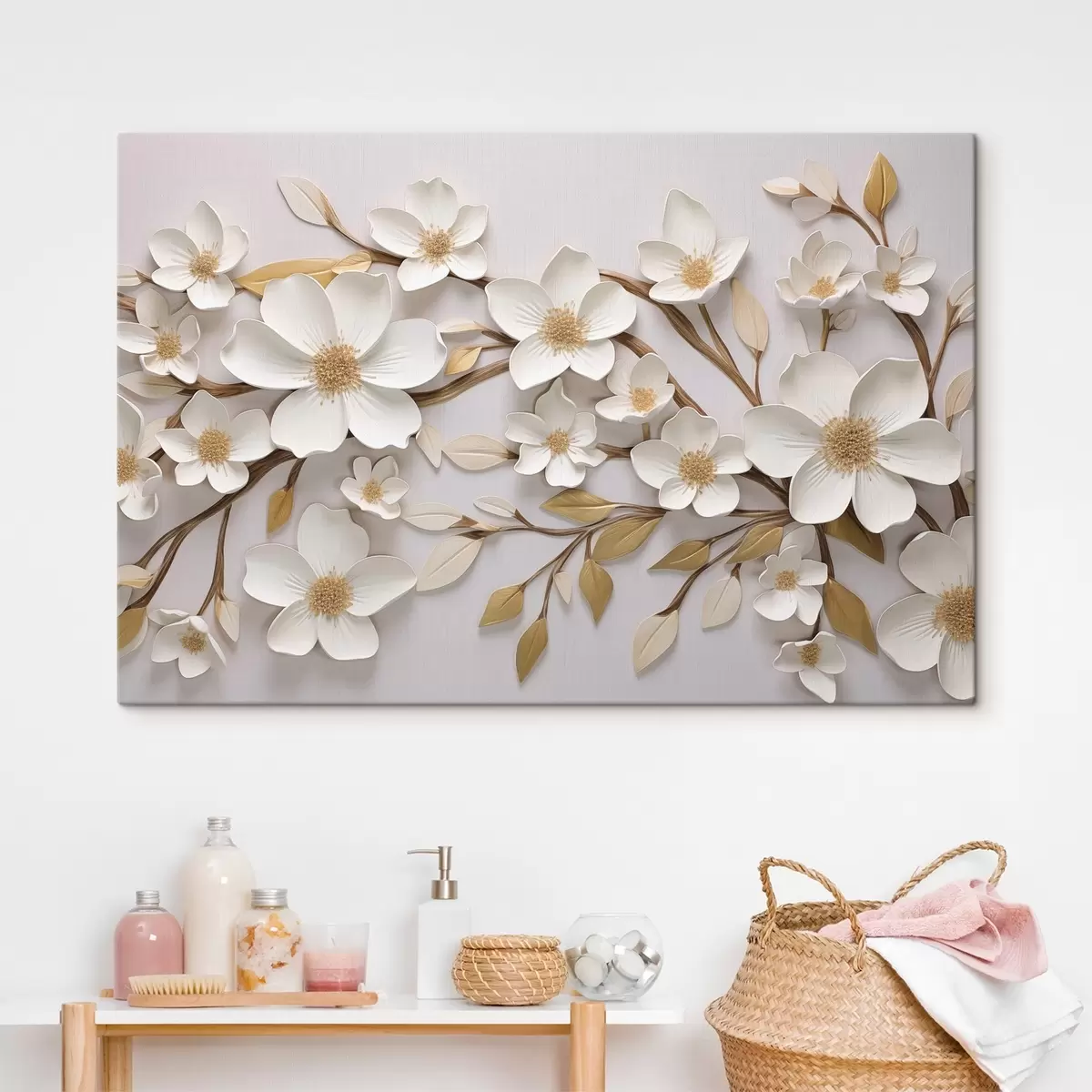 murales de pared Flores blancas al estilo de un fresco en relieve con toques amarillos s43331