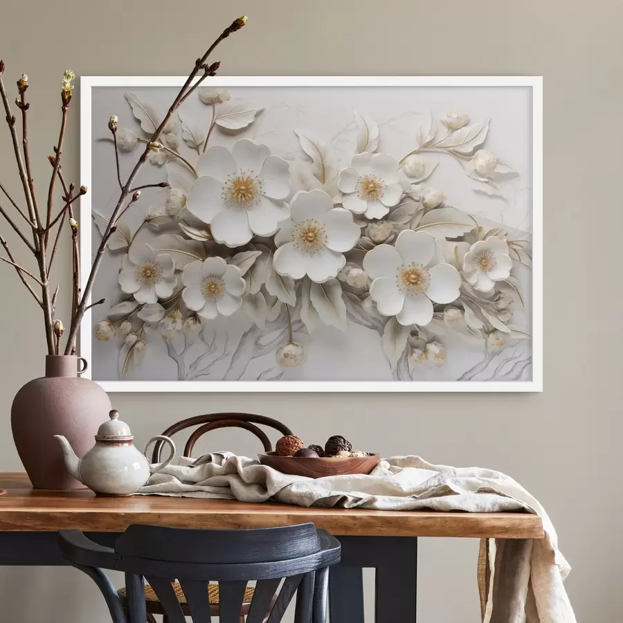 murales de pared 3d flores blancas de estilo clásico con acento amarillo f43313