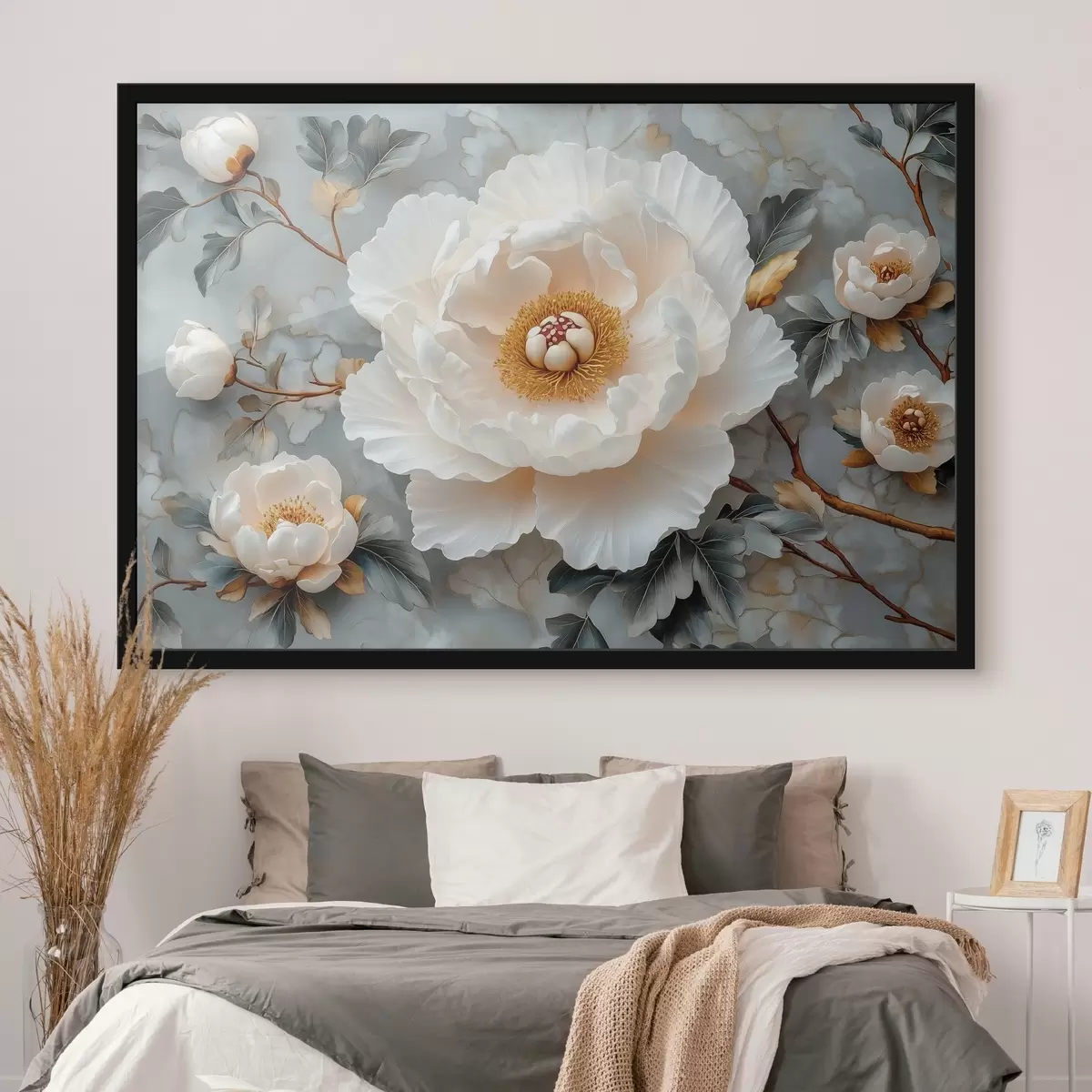 Poster Preciosa peonía sobre un fondo de hojas y pequeñas peonías f43315