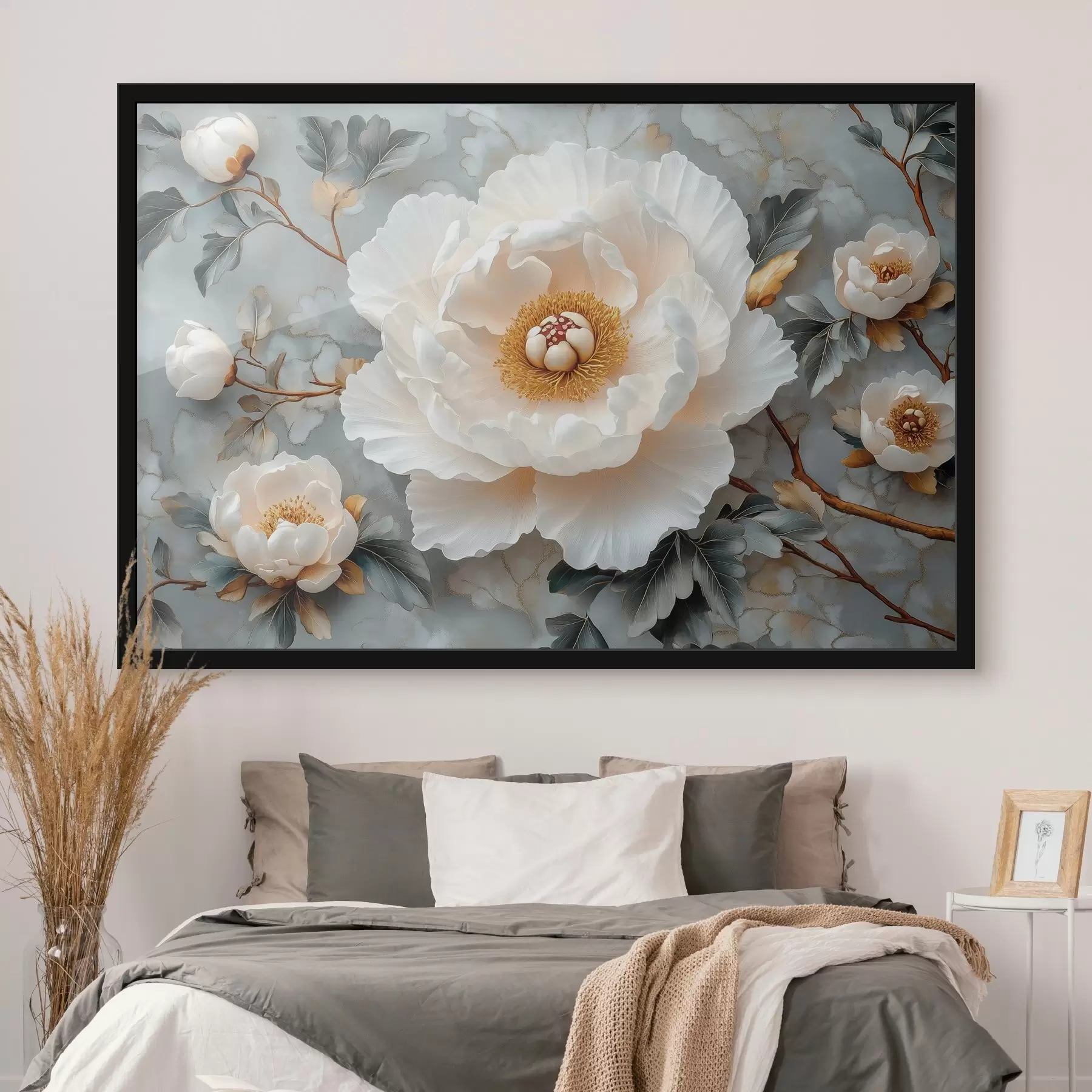 murales de pared Preciosa peonía sobre un fondo de hojas y pequeñas peonías f43315