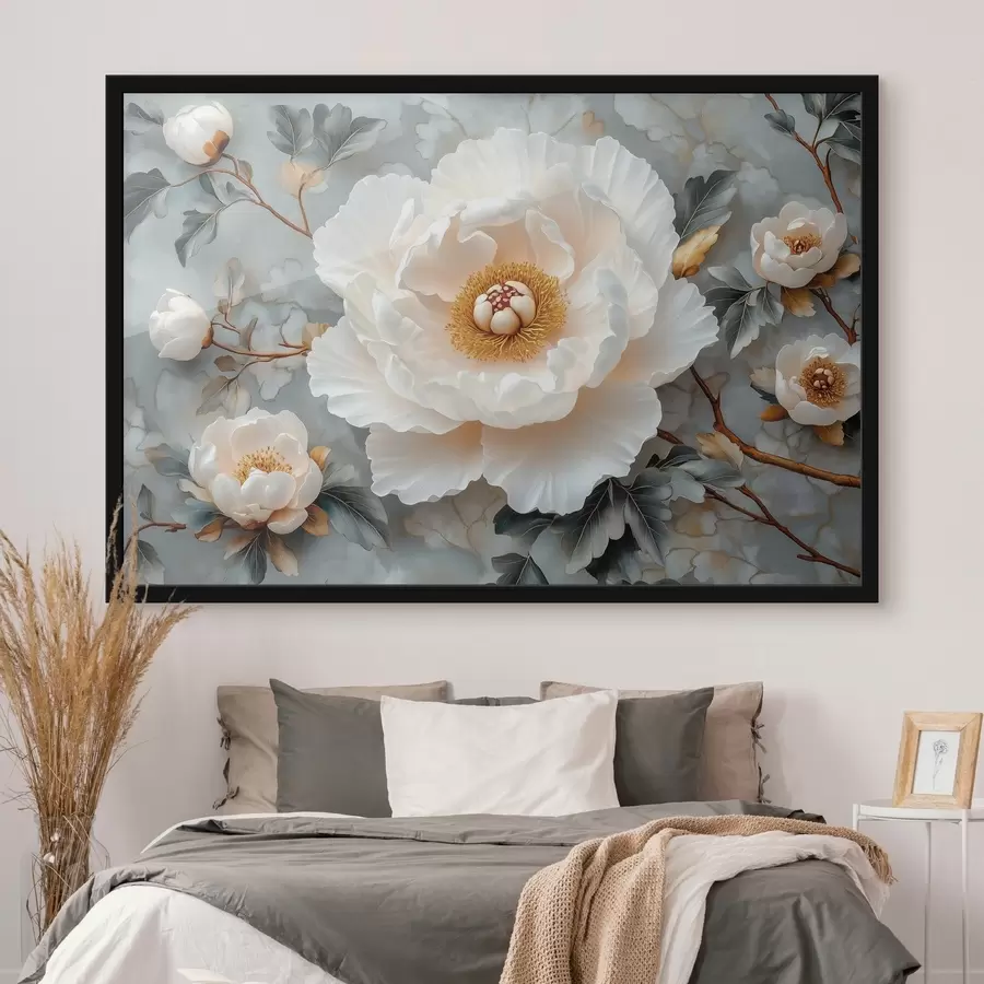 murales de pared Preciosa peonía sobre un fondo de hojas y pequeñas peonías f43315