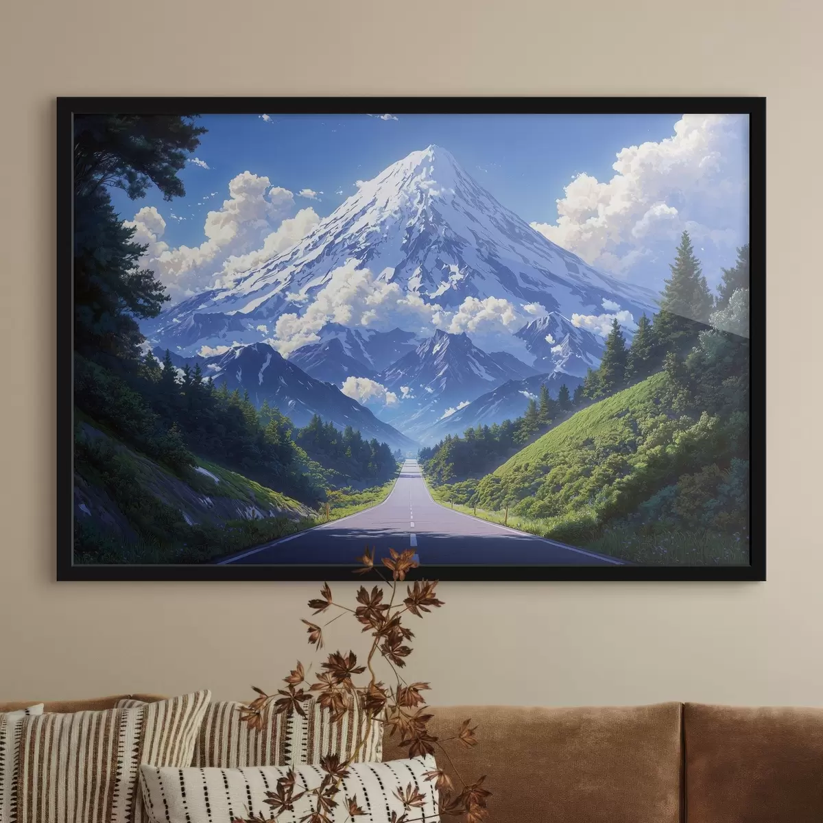 Poster Camino de las montañas con nubes y bosques alrededor f43317