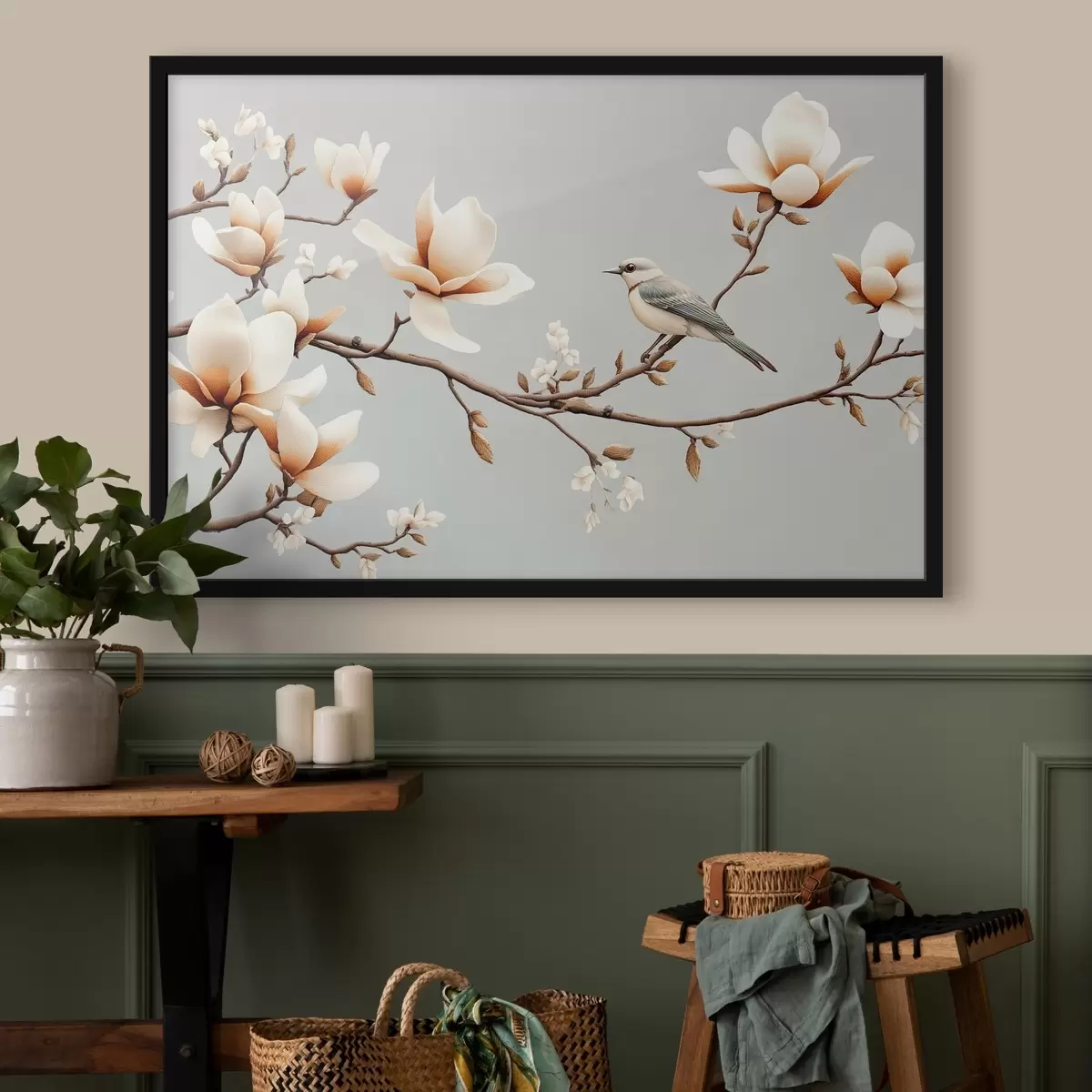 Poster Pájaro en una rama con magnolias en suaves colores pastel f43320