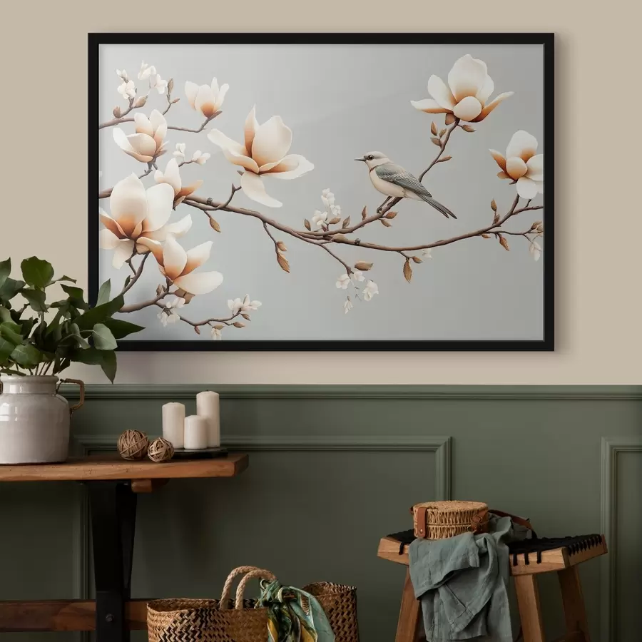 murales de pared Pájaro en una rama con magnolias en suaves colores pastel f43320