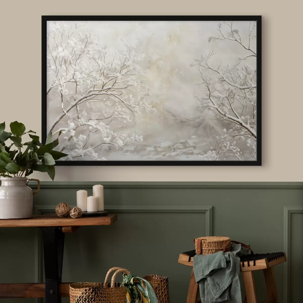 Poster Ramas invernales con nieve sobre el fondo de un pueblo invernal f43321