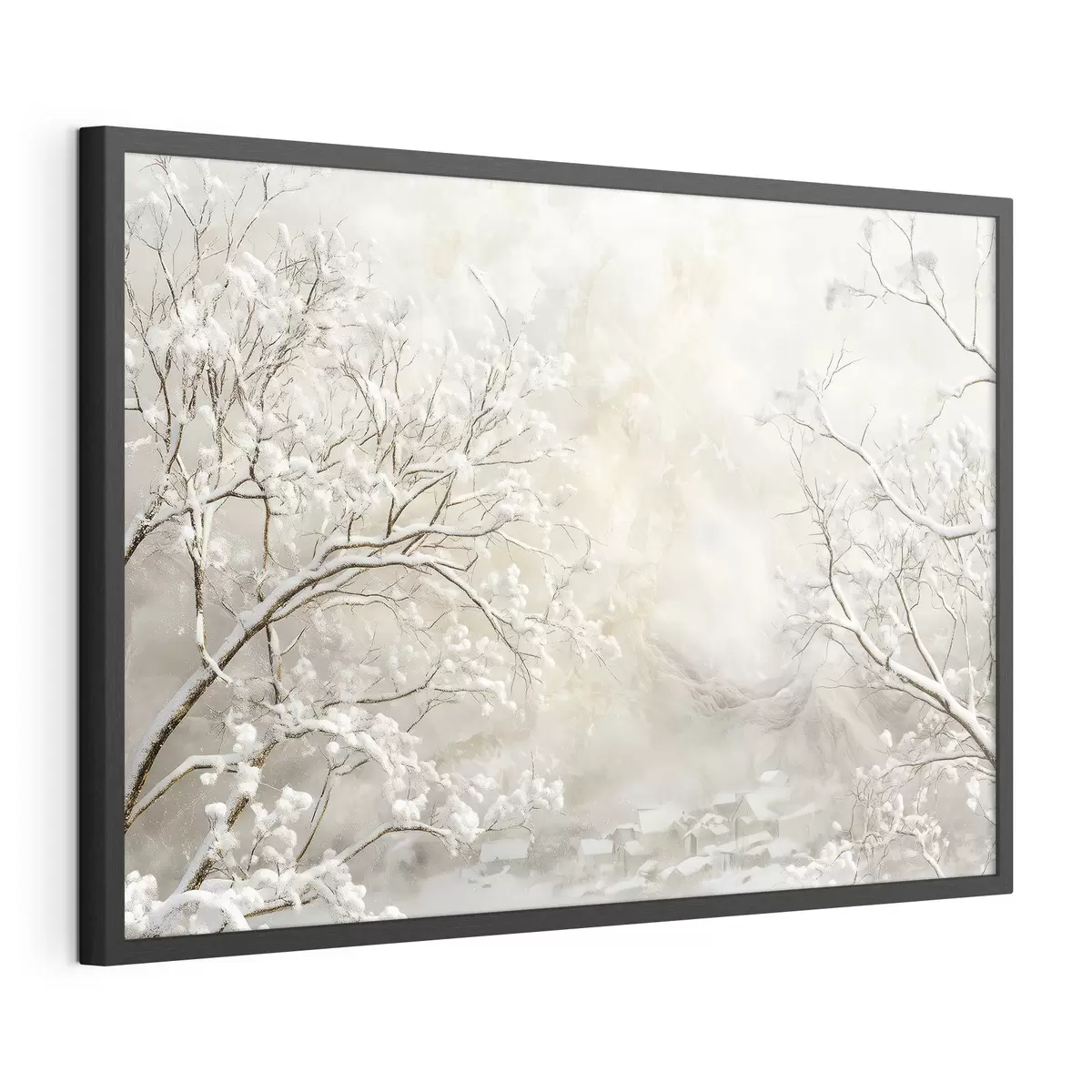 Poster Ramas invernales con nieve sobre el fondo de un pueblo invernal f43321