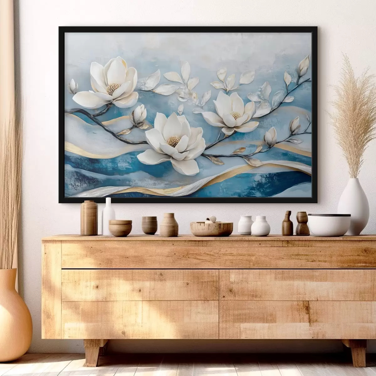 Poster Rama de magnolia sobre fondo abstracto azul-amarillo f43323